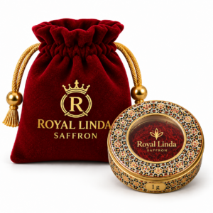 Royal Linda saffron 1 g tin with red Royal Linda pouch