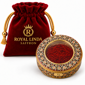 Royal Linda saffron 5 g tin with red Royal Linda pouch