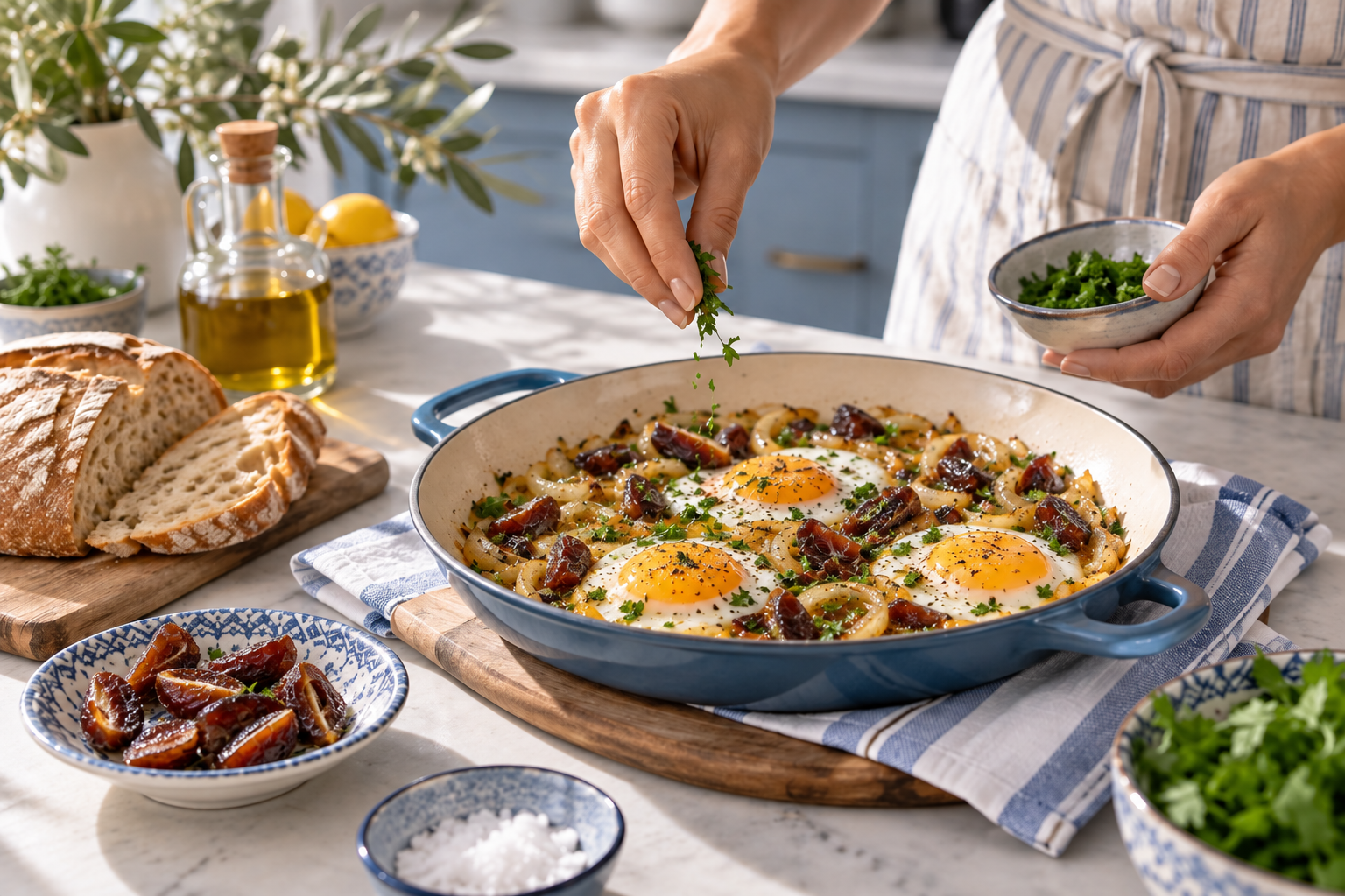 Whole eggs cooked over sliced Mazafati dates and onion in a pan